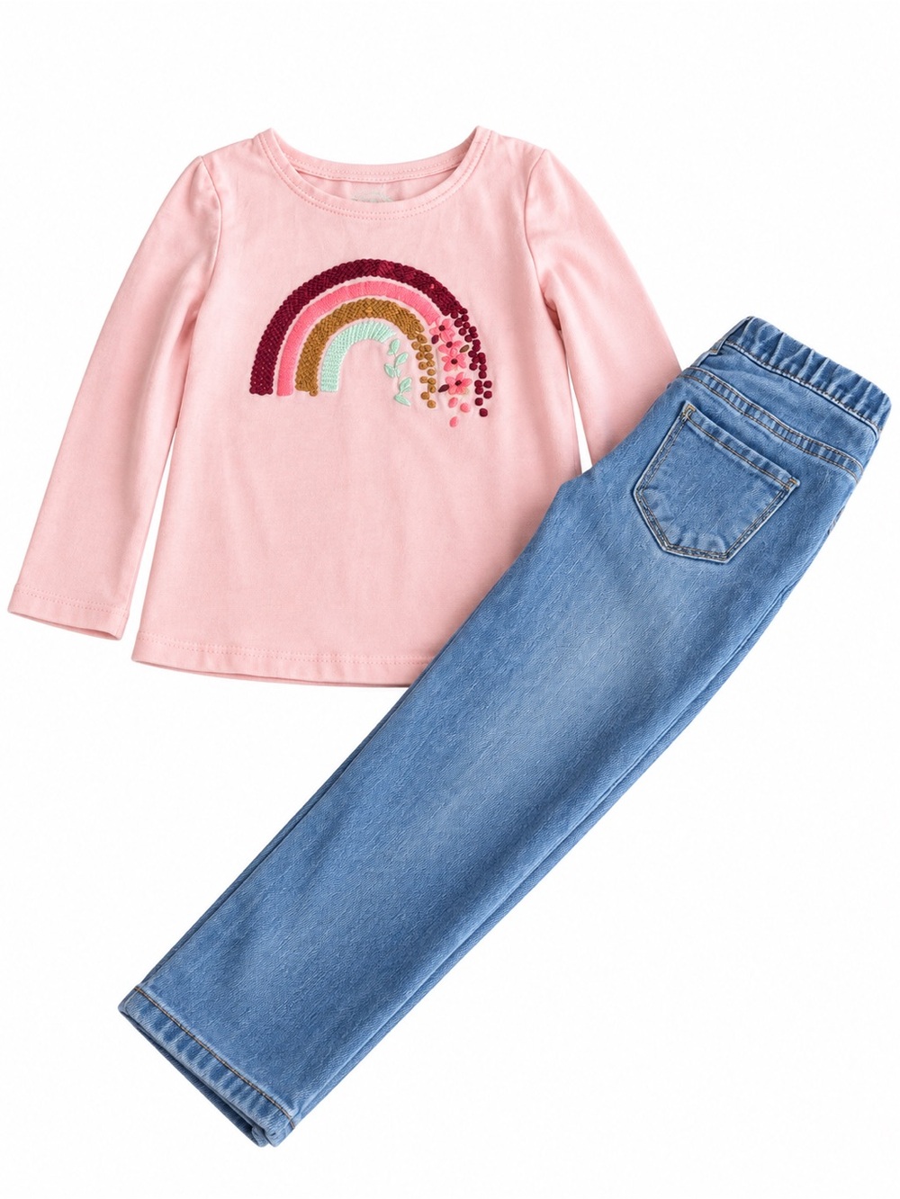 Girls' Pink Long-Sleeve Rainbow Tee and Jean Leggings Set